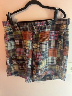 J. CREW COTTON PATCHWORK MADRAS SHORTS 7IN SIZE 35 WAIST